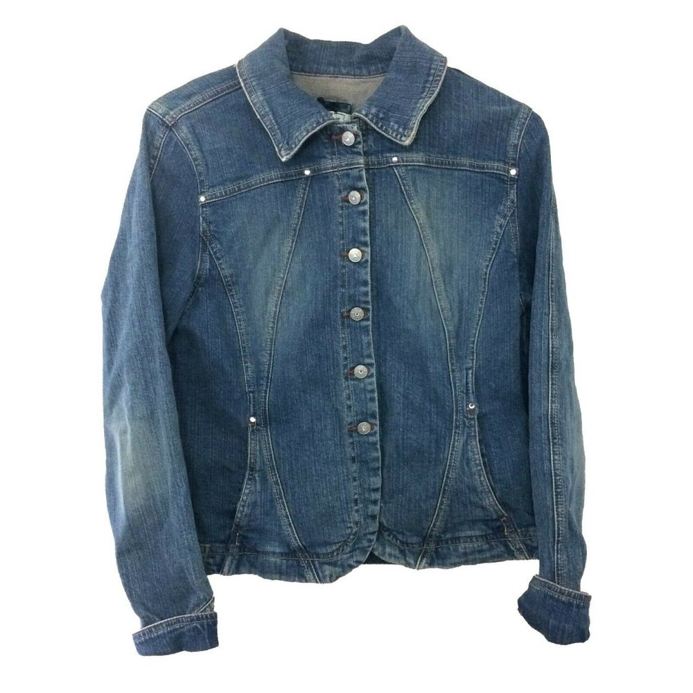 Live A Little Womens Denim Jean Jacket Sz Medium Blue Button Up Coat Medium Wash